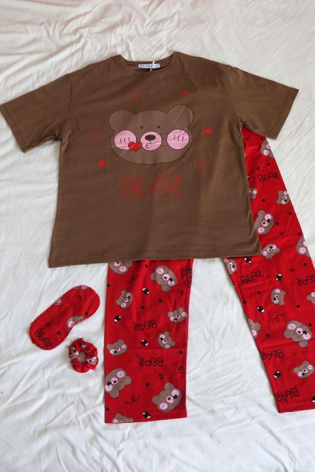 Brown Sleep Banded Bear Printed Casual Women's Short Sleeve Pajama Set