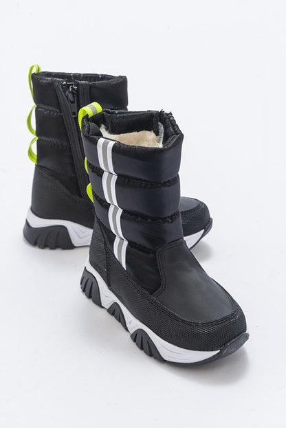 Boy's Black Faux Leather &amp; Fur Anatomical Snow Boots