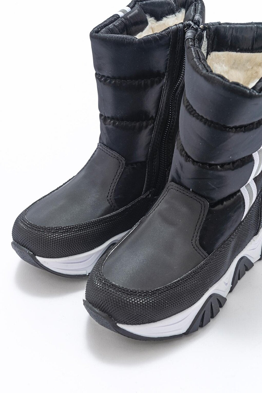 Boy's Black Faux Leather &amp; Fur Anatomical Snow Boots