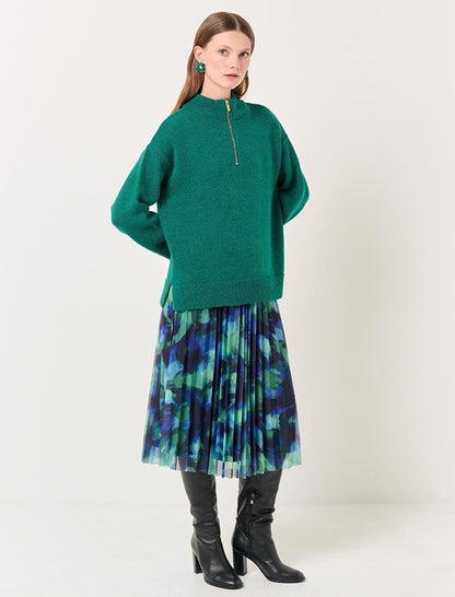 Blue Green Normal Waist Patterned Pleated Midi Skirt