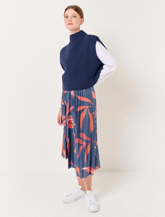 Mixed High Waist Leaf Pattern Midi Skirt