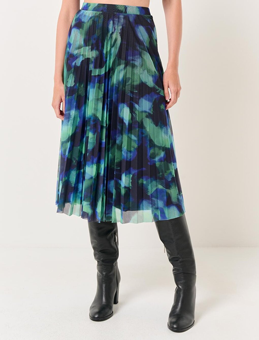 Blue Green Normal Waist Patterned Pleated Midi Skirt