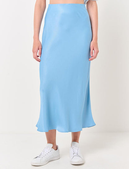 Blue Normal Waist Satin Midi Skirt