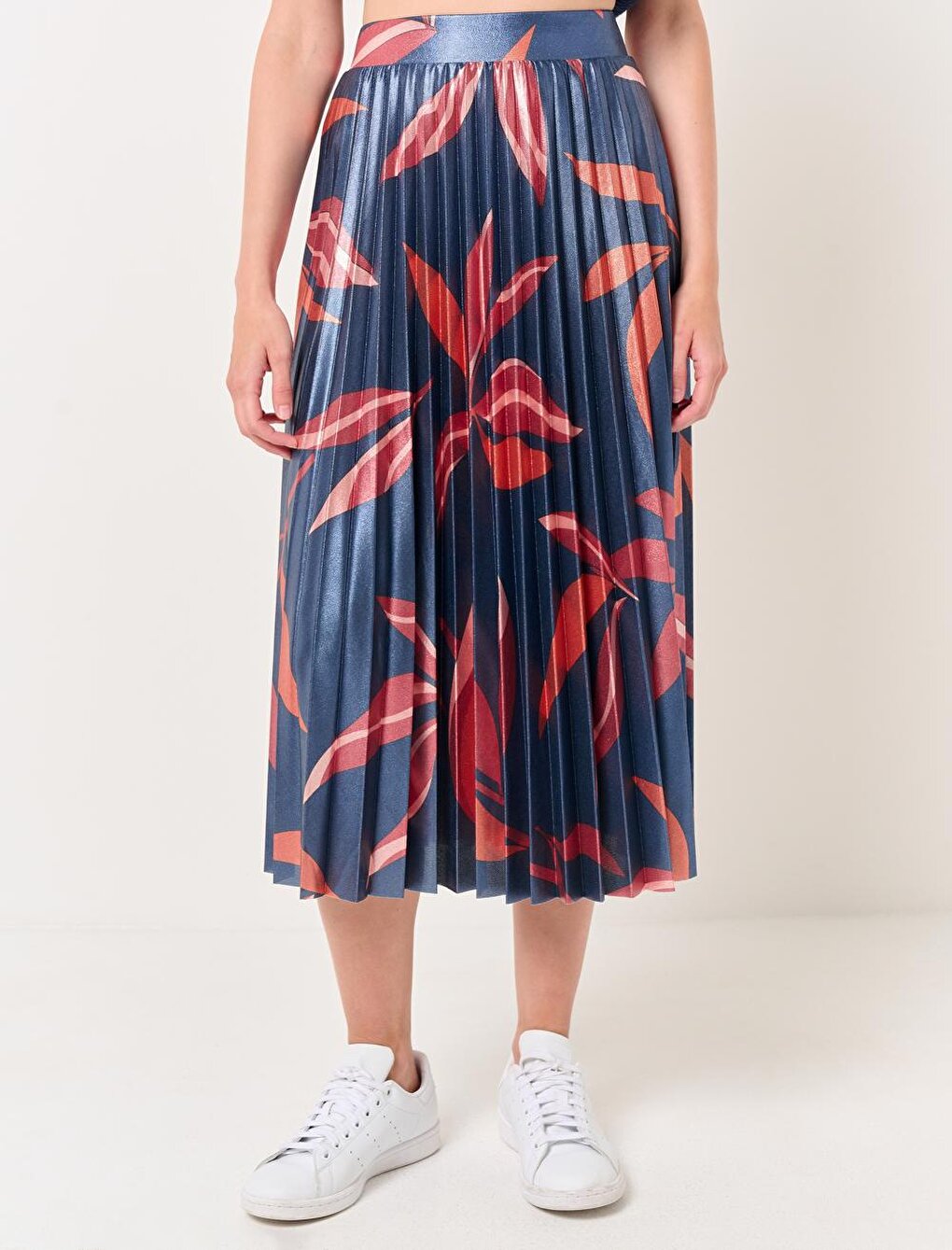 Mixed High Waist Leaf Pattern Midi Skirt