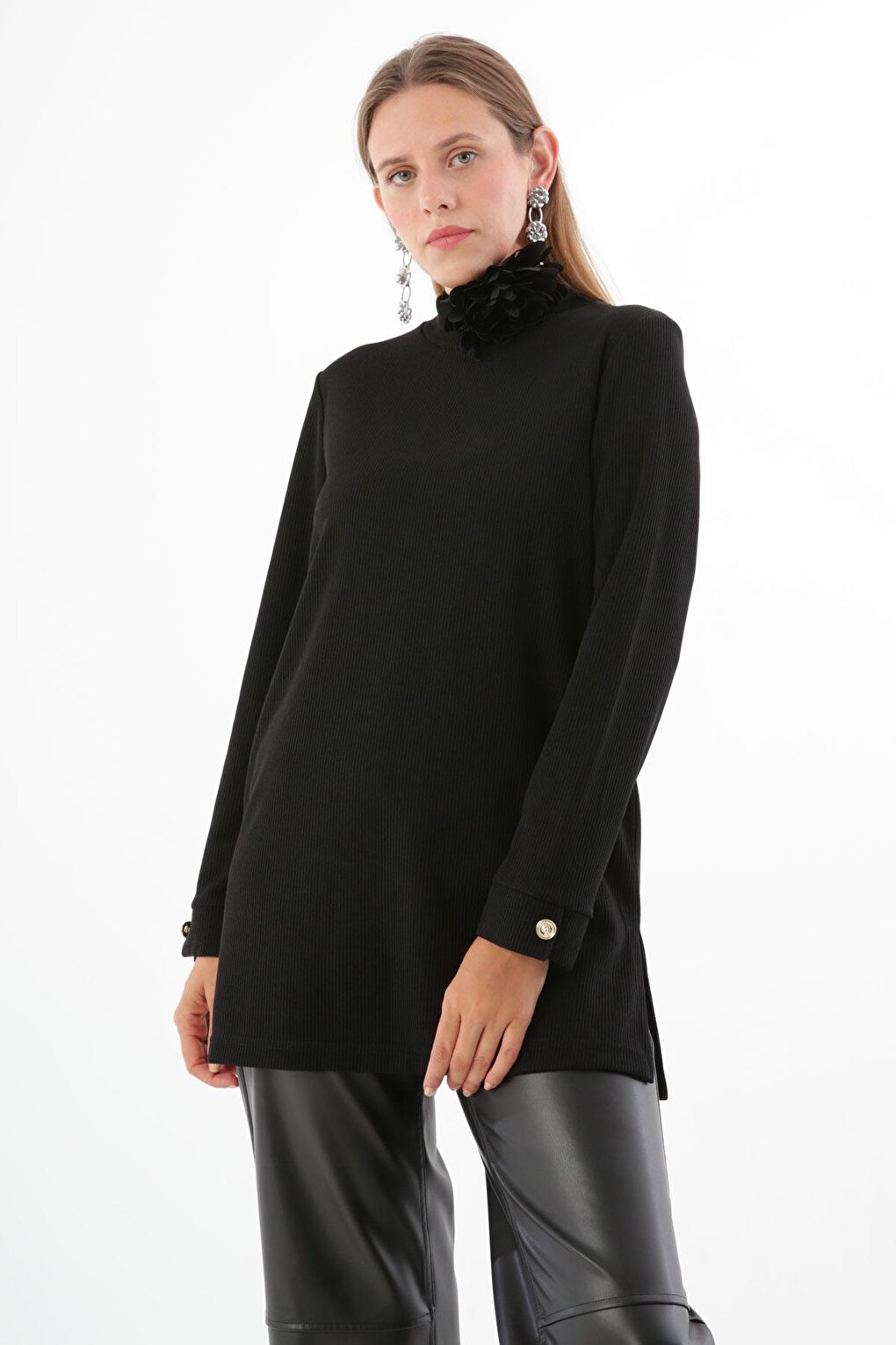 Black Buttoned Cuff Slit Tunic