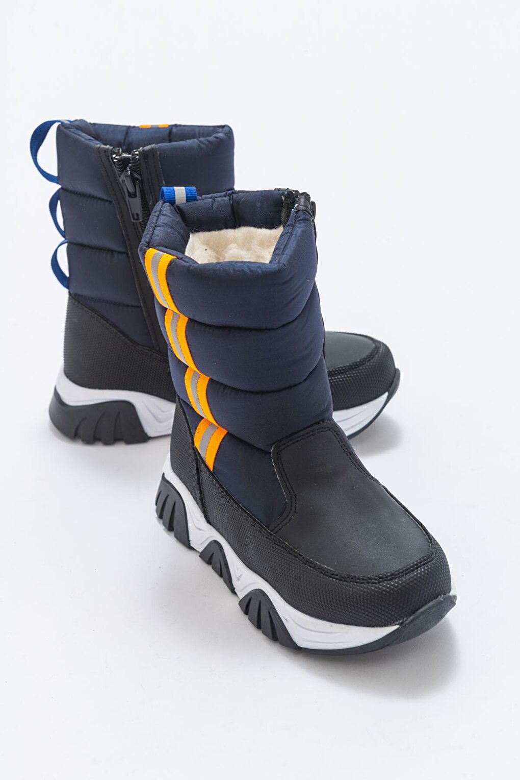 Boy's Navy Blue Faux Leather Shearling Anatomical Snow Boots