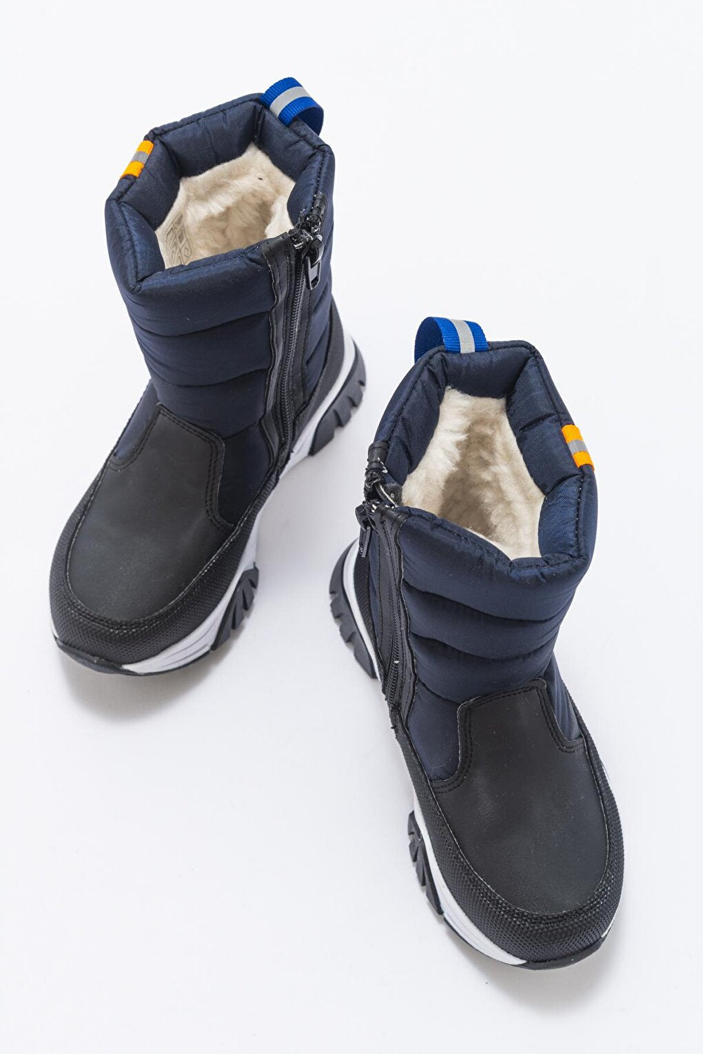 Boy's Navy Blue Faux Leather Shearling Anatomical Snow Boots