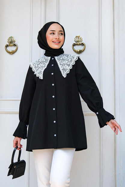 Women's Lace Detail Hijab Shirt Black