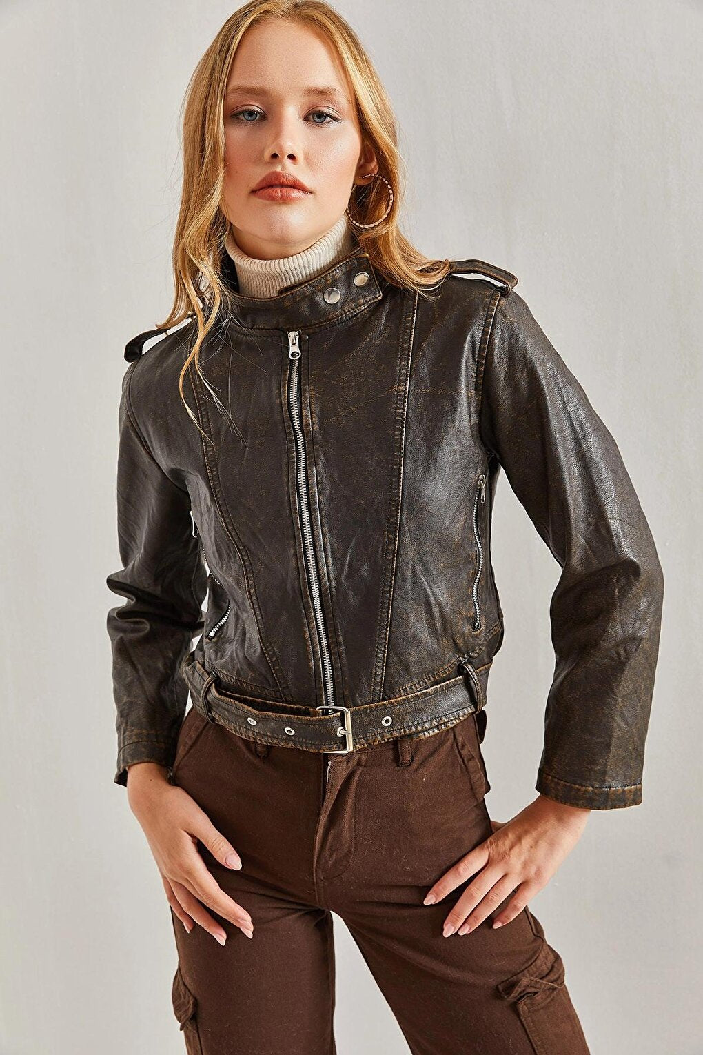 Women's Epaulette Front Belt Faux Leather Jacket