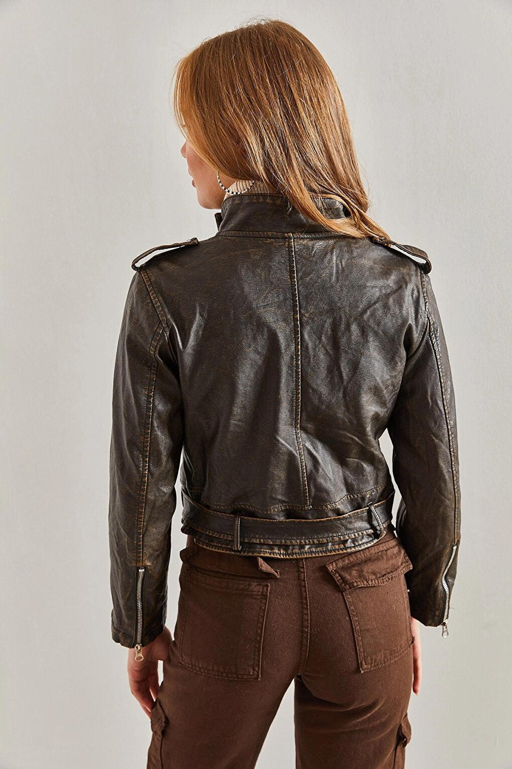 Women's Epaulette Front Belt Faux Leather Jacket