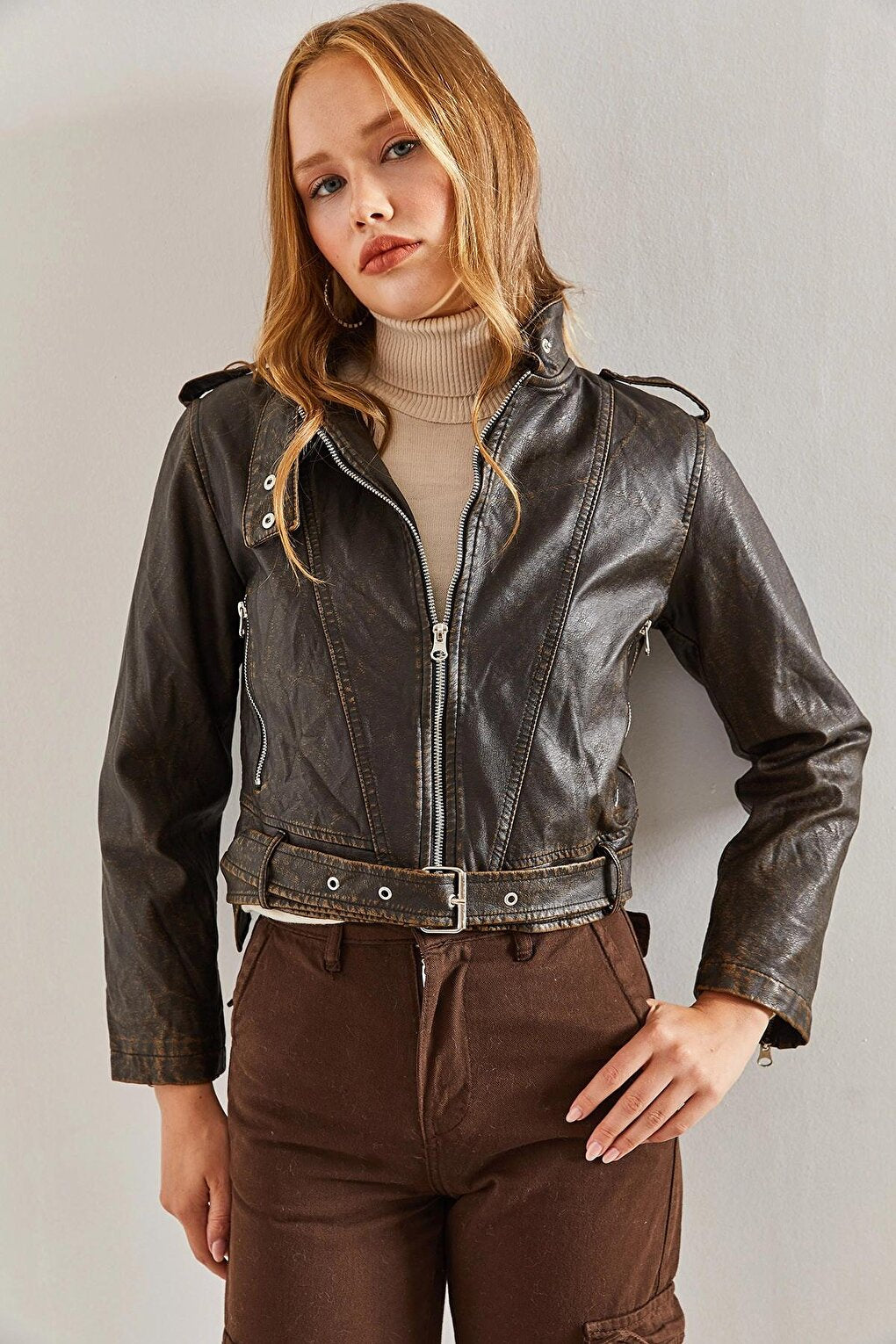 Women's Epaulette Front Belt Faux Leather Jacket