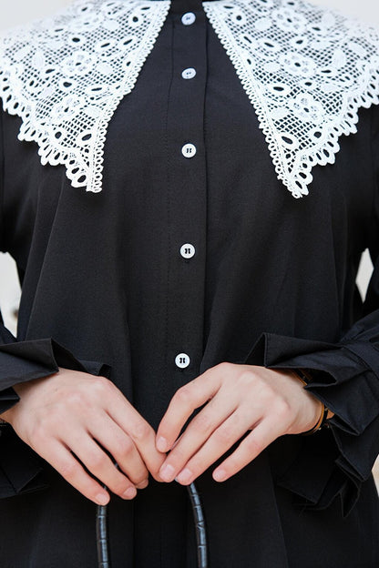 Women's Lace Detail Hijab Shirt Black