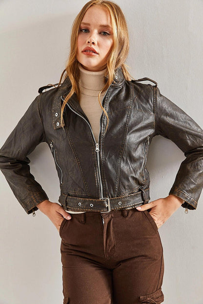 Women's Epaulette Front Belt Faux Leather Jacket