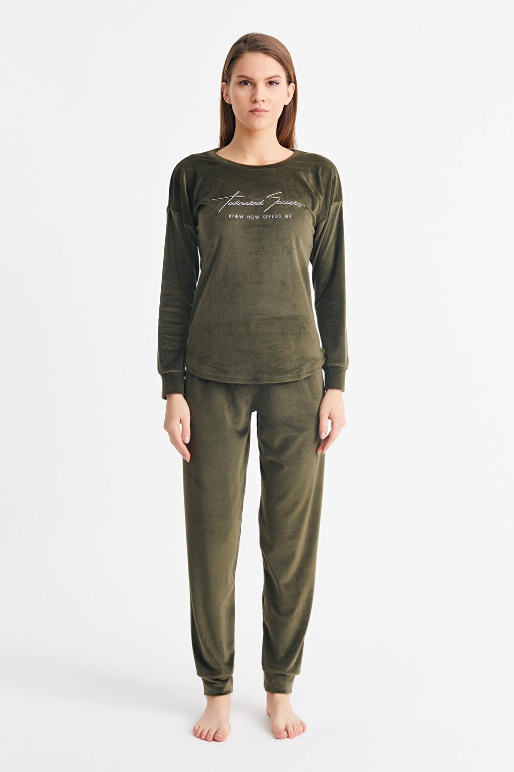 Women's Khaki Soft Velvet Pajama Set with Written Trousers