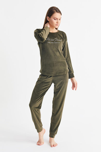 Women's Khaki Soft Velvet Pajama Set with Written Trousers