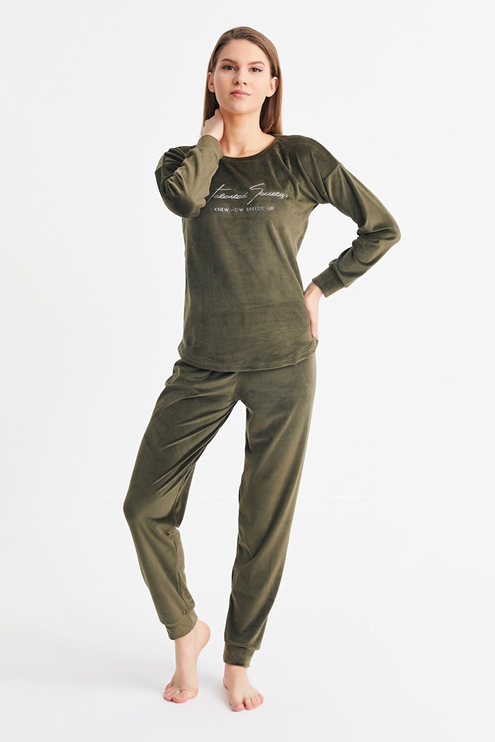 Women's Khaki Soft Velvet Pajama Set with Written Trousers