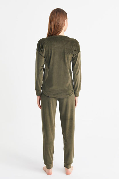 Women's Khaki Soft Velvet Pajama Set with Written Trousers