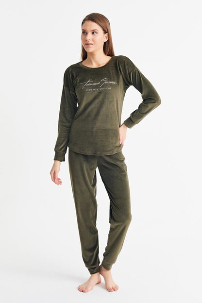 Women's Khaki Soft Velvet Pajama Set with Written Trousers