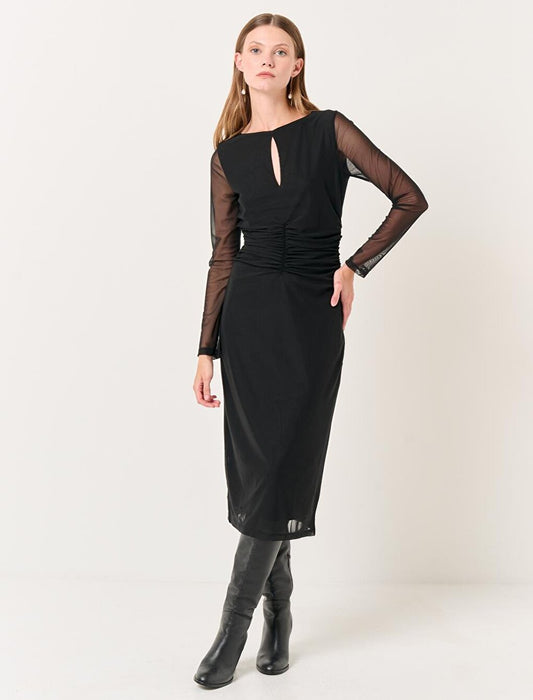 Black Crew Neck Long Sleeve Mesh Midi Elegant Dress