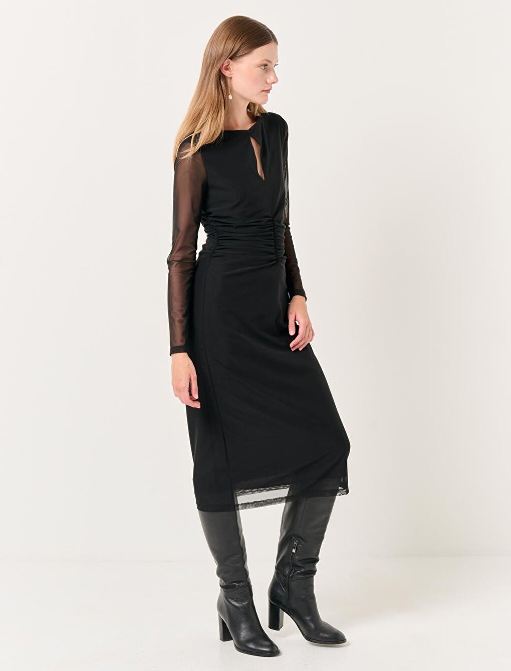 Black Crew Neck Long Sleeve Mesh Midi Elegant Dress