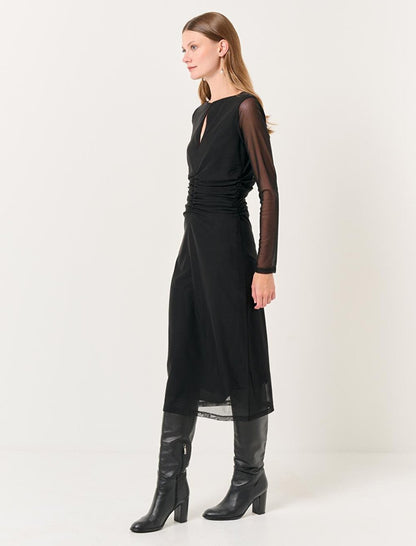 Black Crew Neck Long Sleeve Mesh Midi Elegant Dress