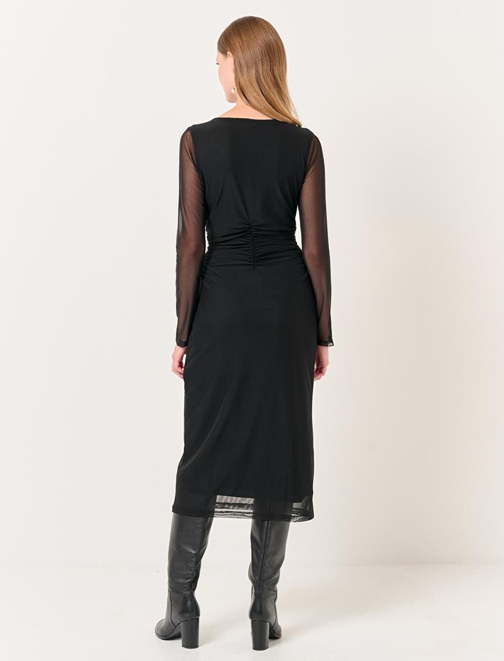 Black Crew Neck Long Sleeve Mesh Midi Elegant Dress