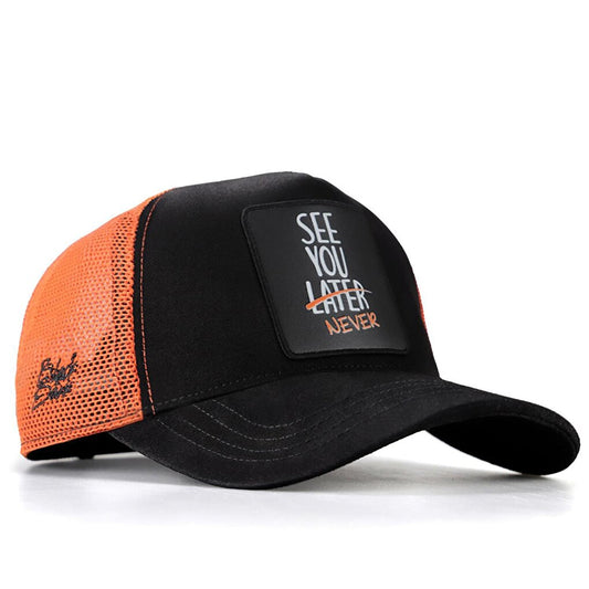 V1 Trucker See You Later Never - Unisex Black-Orange Hat (Cap) with 2 Code Logo