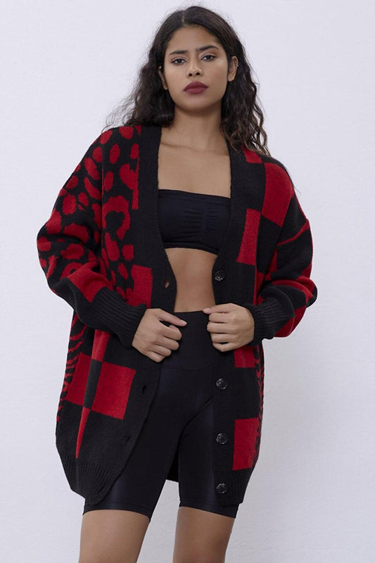 Red Patterned Oversize Knitwear Cardigan SWC4440KR