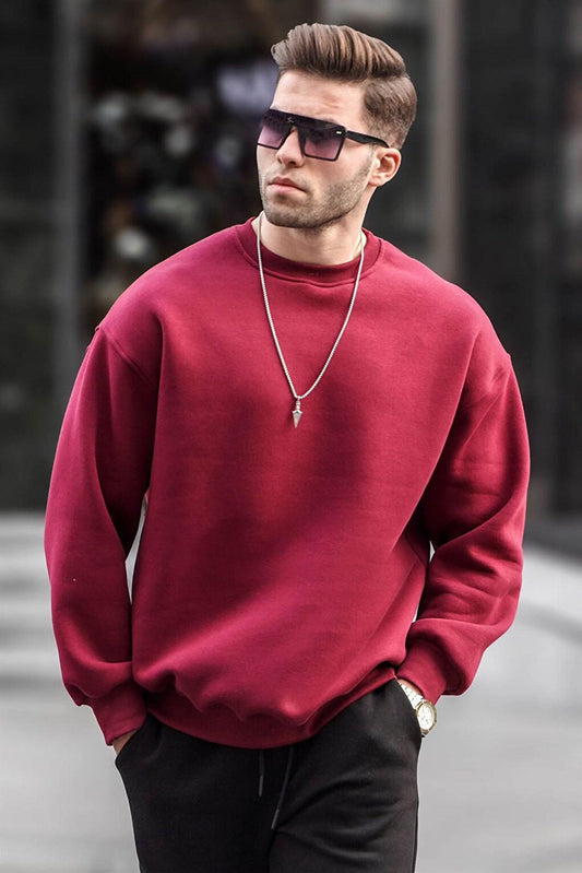 Claret Red Crew Neck Oversize Basic Men's Sweatshirt 6048