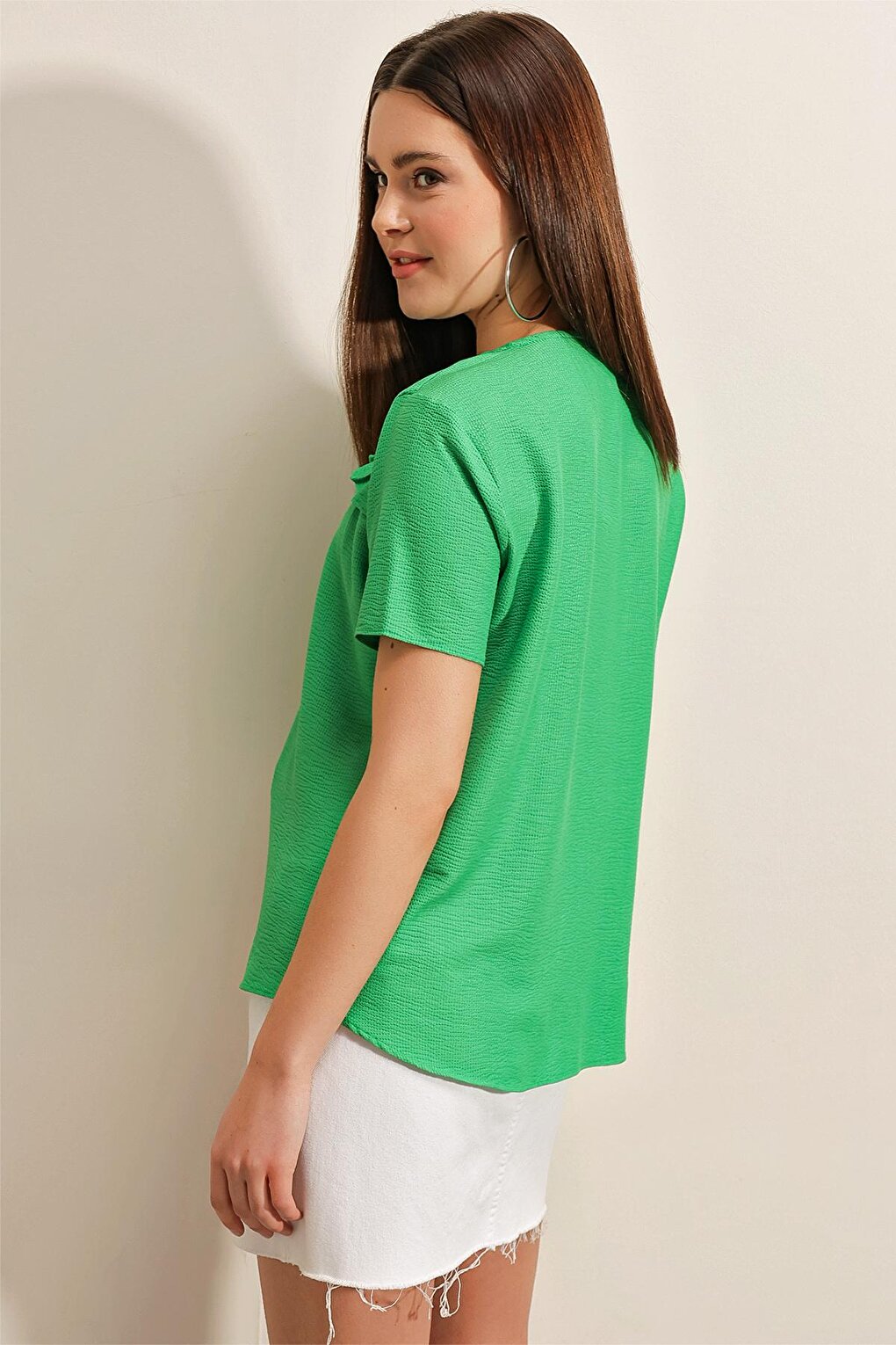 0458 Frilly V-Neck Knitted Blouse - Green