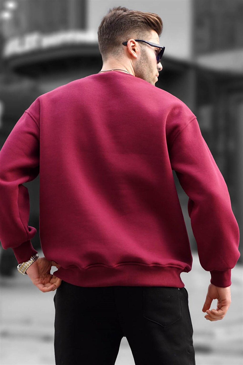 Claret Red Crew Neck Oversize Basic Men's Sweatshirt 6048