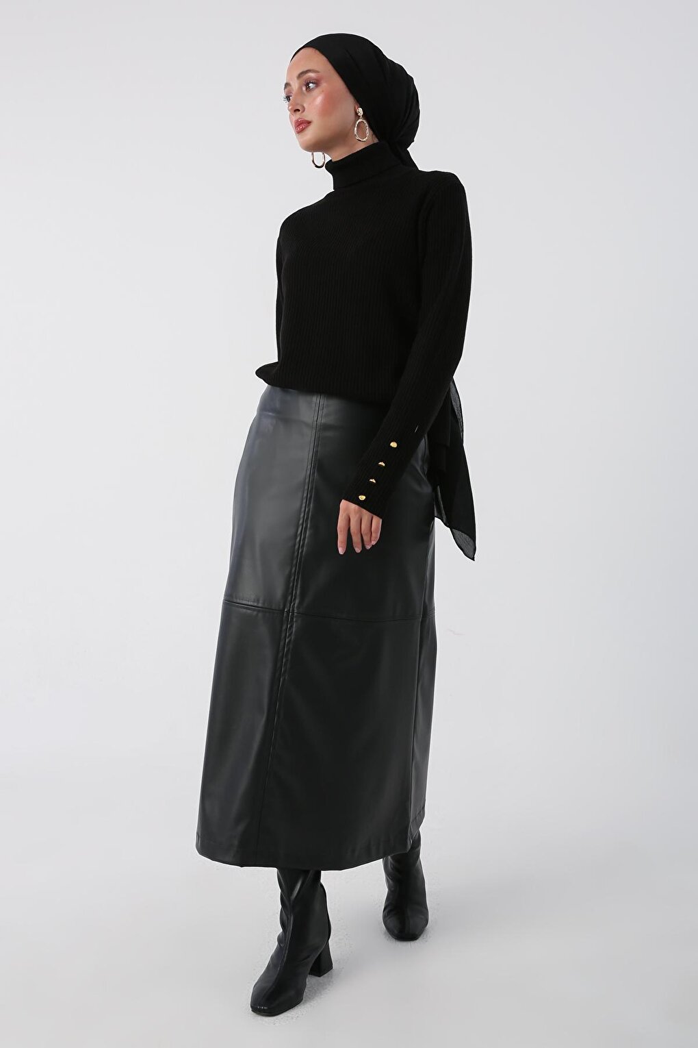 Black Leather Skirt with Stitching Detail