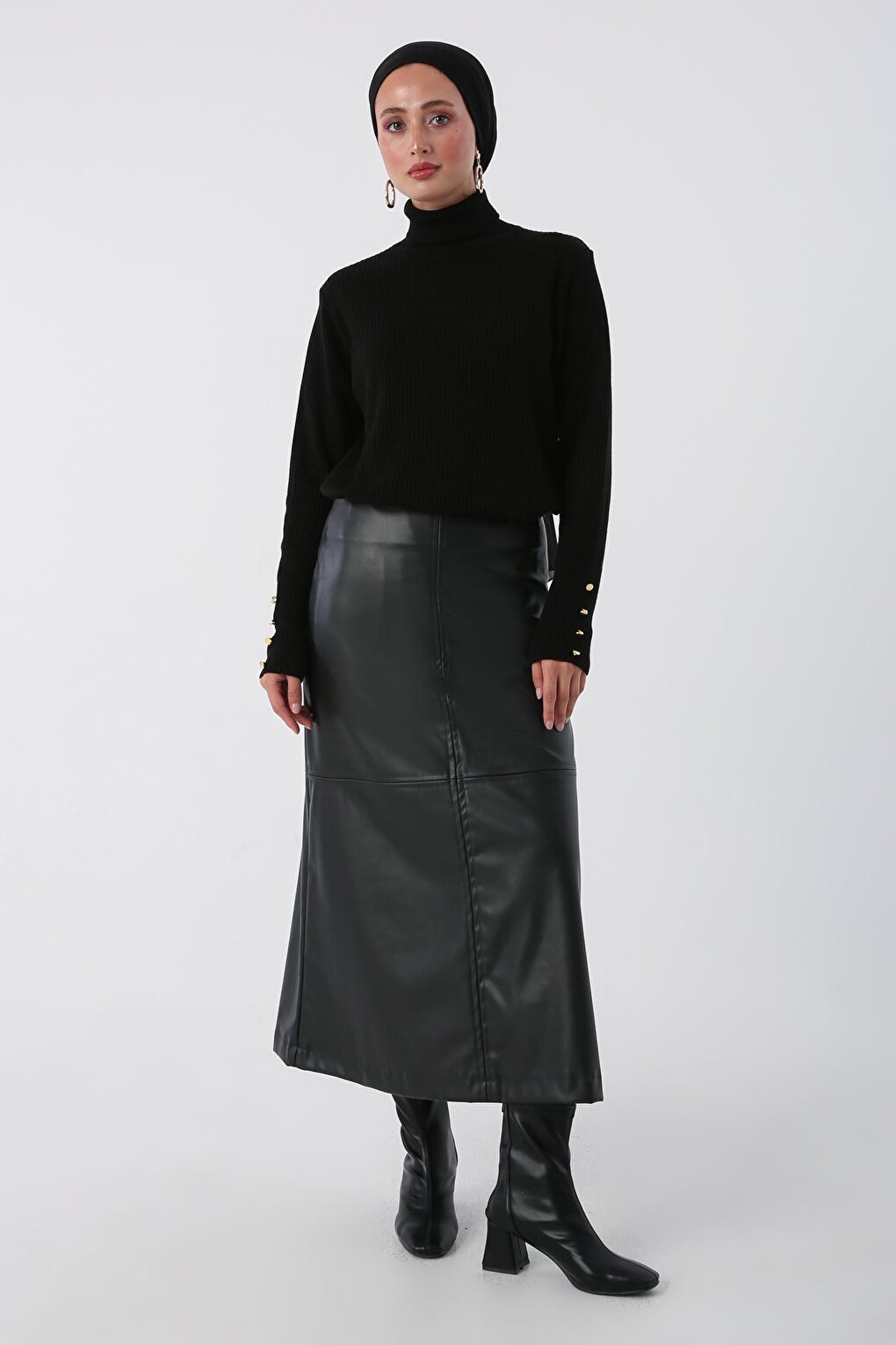 Black Leather Skirt with Stitching Detail