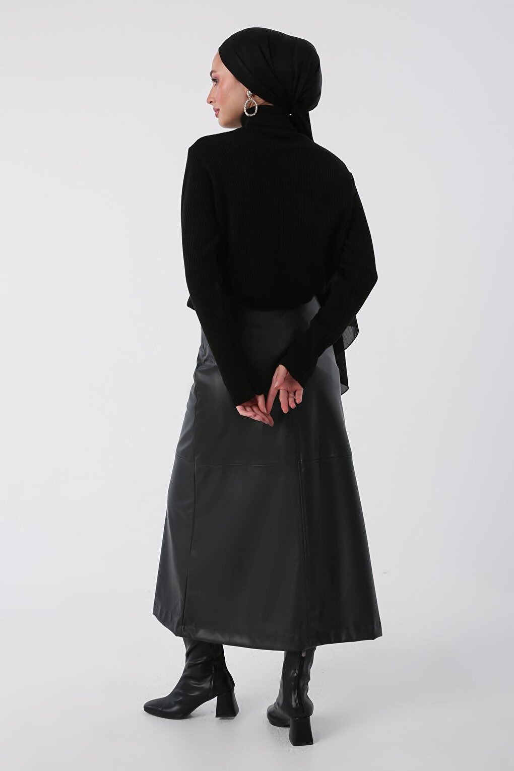 Black Leather Skirt with Stitching Detail