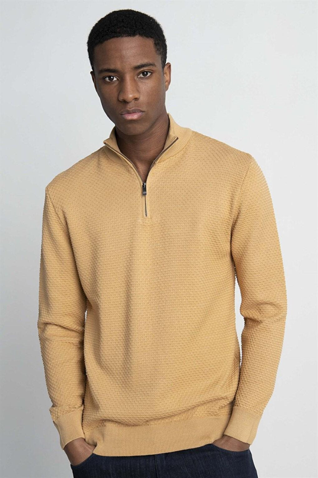 Slim Fit High Collar Zippered Beige Men's Sweater