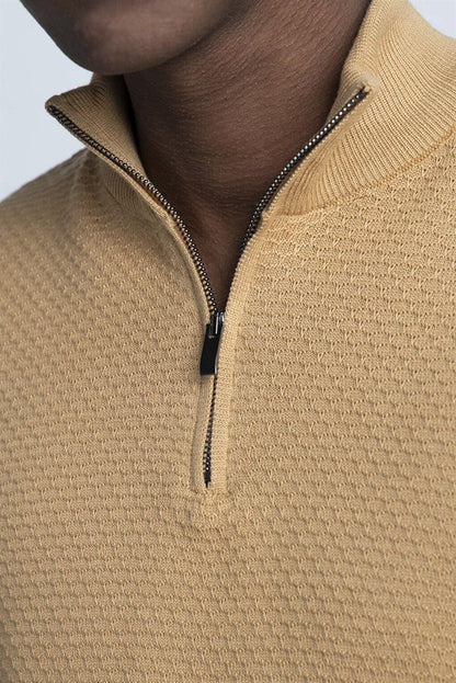 Slim Fit High Collar Zippered Beige Men's Sweater