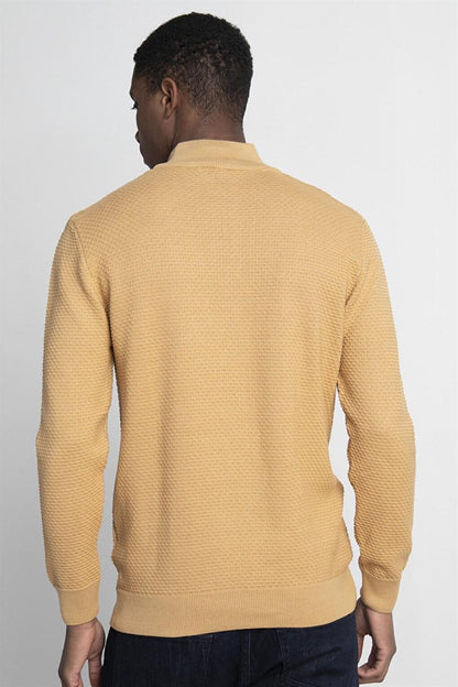 Slim Fit High Collar Zippered Beige Men's Sweater