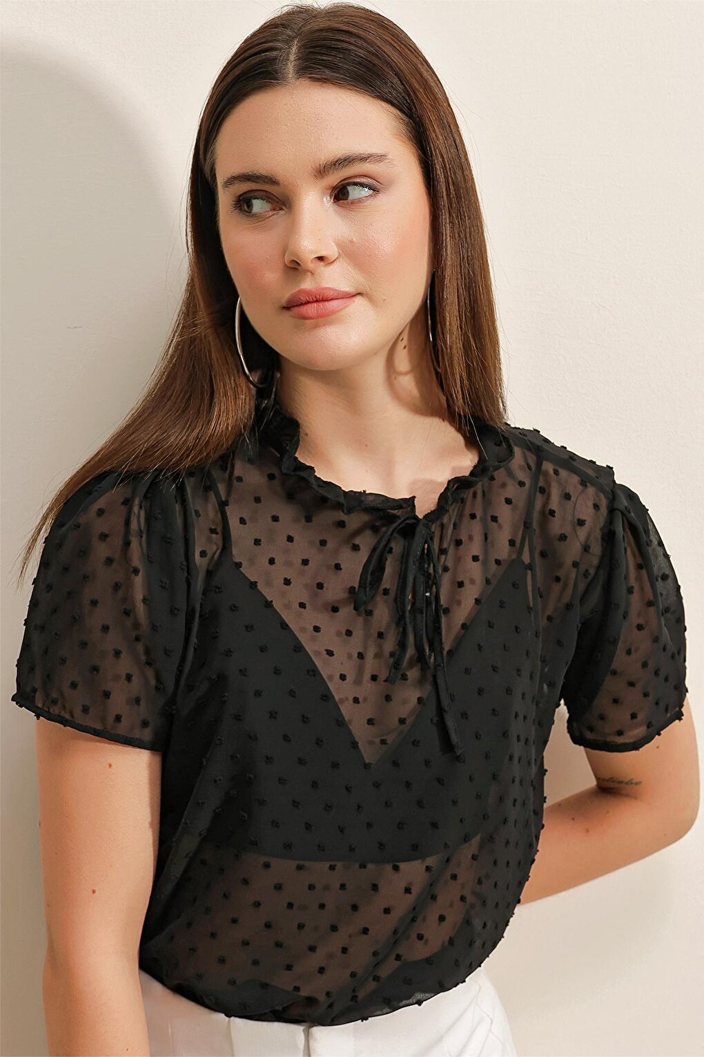 0455 Short Sleeve Chiffon Blouse - Black