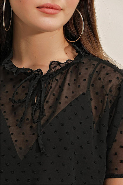 0455 Short Sleeve Chiffon Blouse - Black