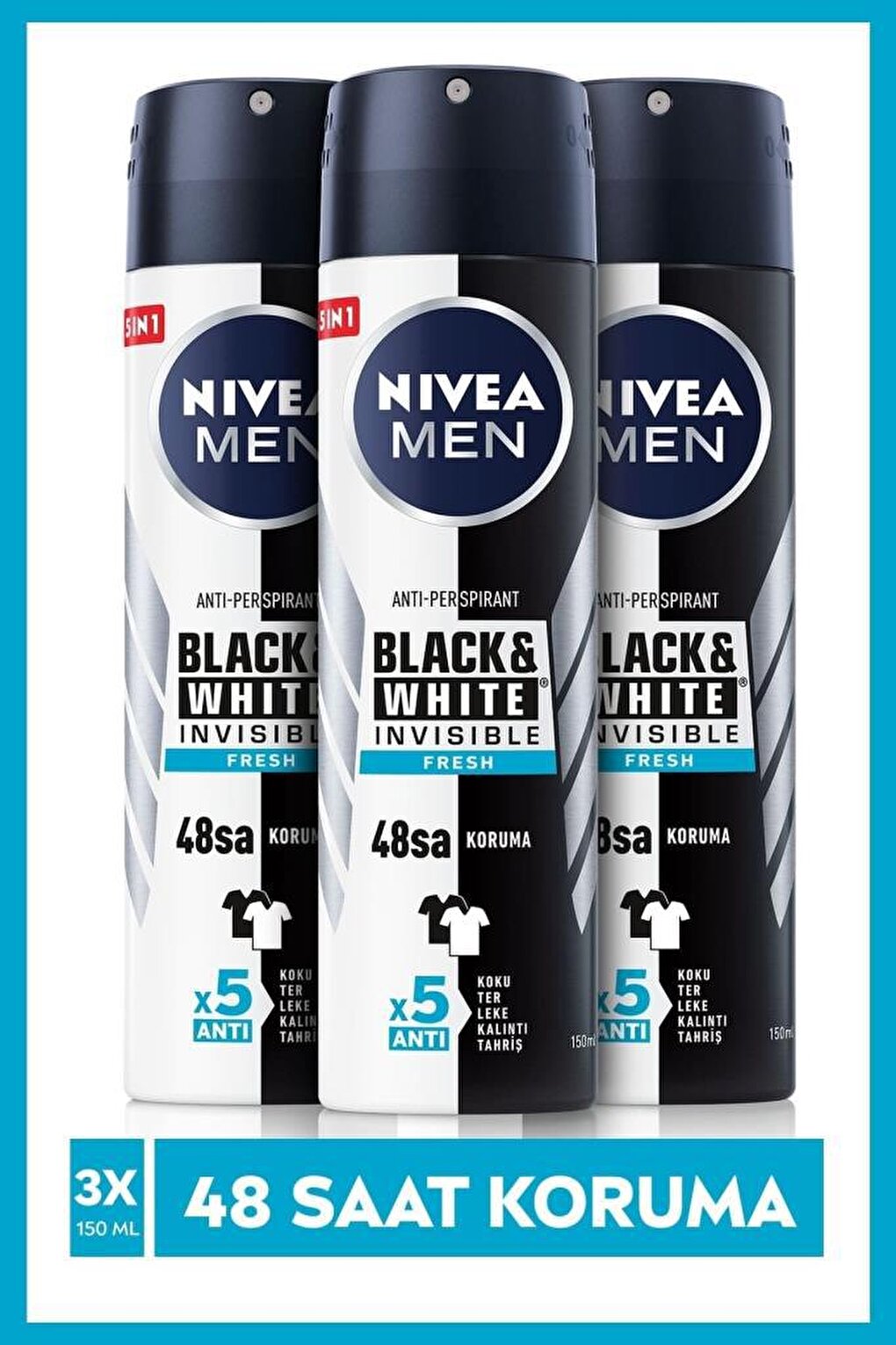 Men Invisible Black&amp;White Fresh Men's Spray Deodorant 150 ml X3 Pieces, 48 Hours Anti-Perspirant Protection