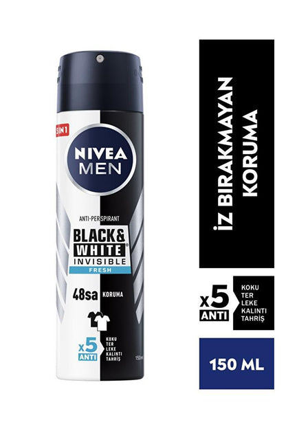 Men Invisible Black&amp;White Fresh Men's Spray Deodorant 150 ml X3 Pieces, 48 Hours Anti-Perspirant Protection