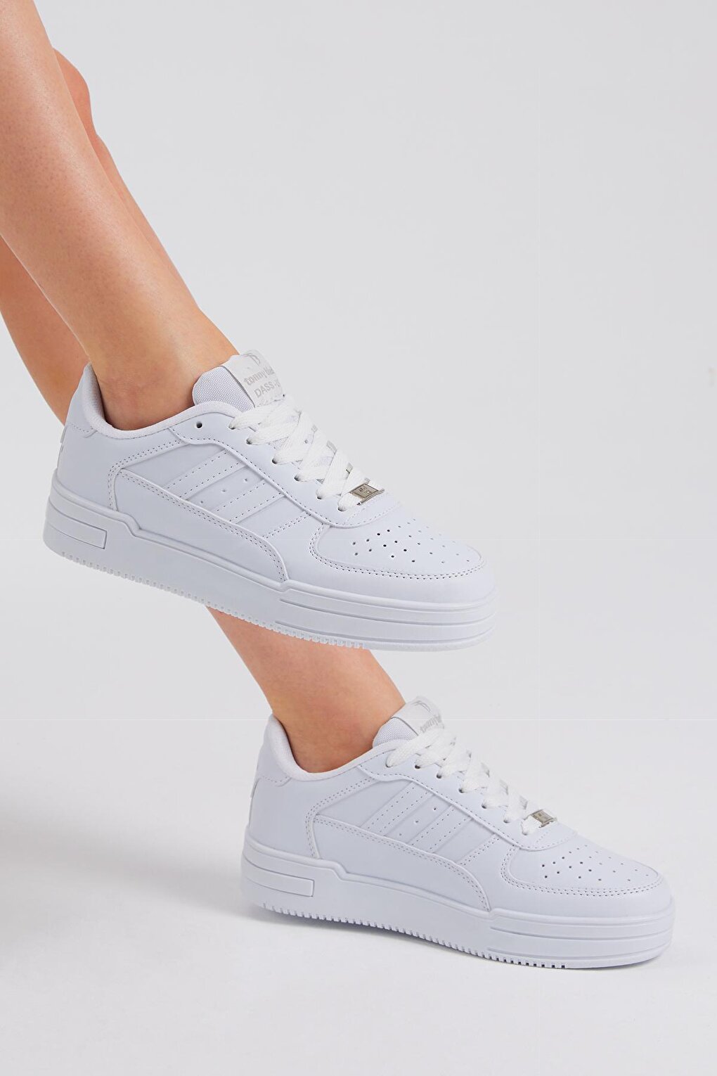 Unisex White White Side Striped Lace-up Comfortable Mold Sneaker