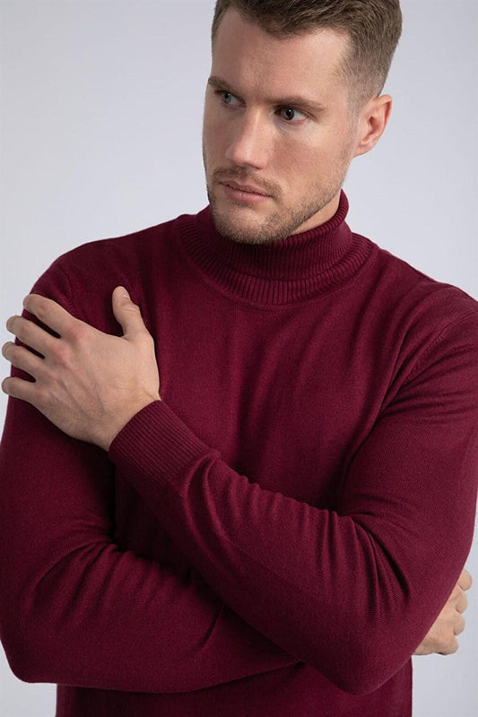 Slim Fit Turtleneck Men's Claret Red Sweater