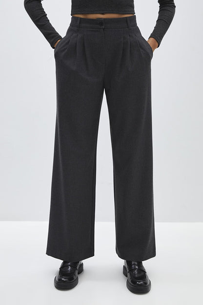 Anthracite Three Pleat Detailed Palazzo Trousers with Side Pockets