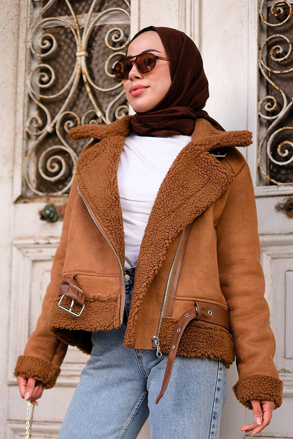 Women's Fur Collar Cross Zipper Suede Coat Brown