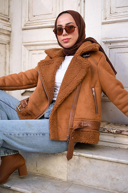 Women's Fur Collar Cross Zipper Suede Coat Brown