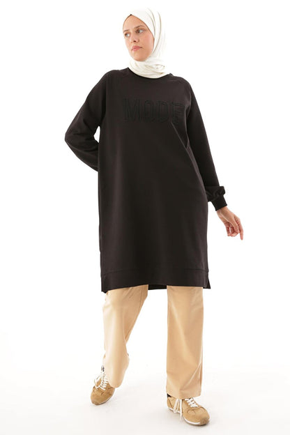 Black Mode Embroidered Raglan Sleeve Tunic