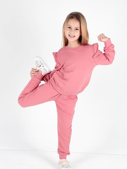 Girl's Ruffle Detailed Trendy Tracksuit Set Cotton Ak2515