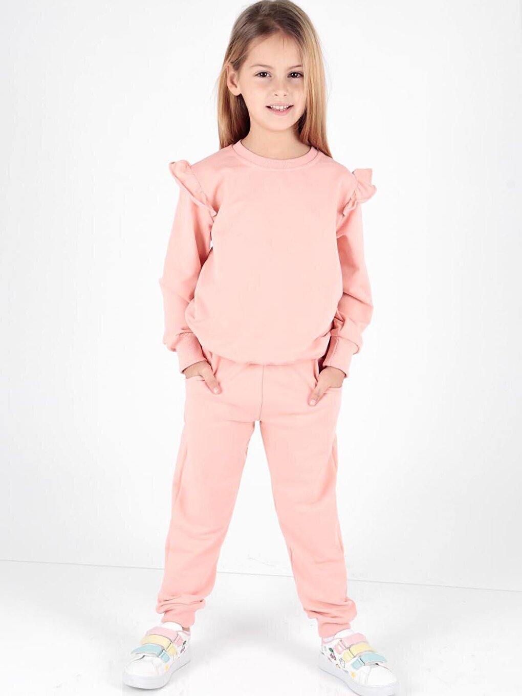 Girl's Ruffle Detailed Trendy Tracksuit Set Cotton Ak2515