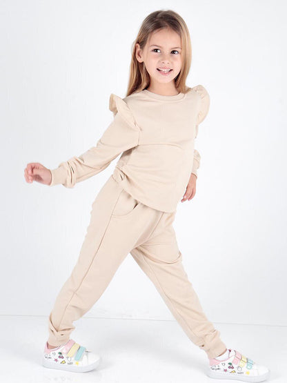 Girl's Ruffle Detailed Trendy Tracksuit Set Cotton Ak2515